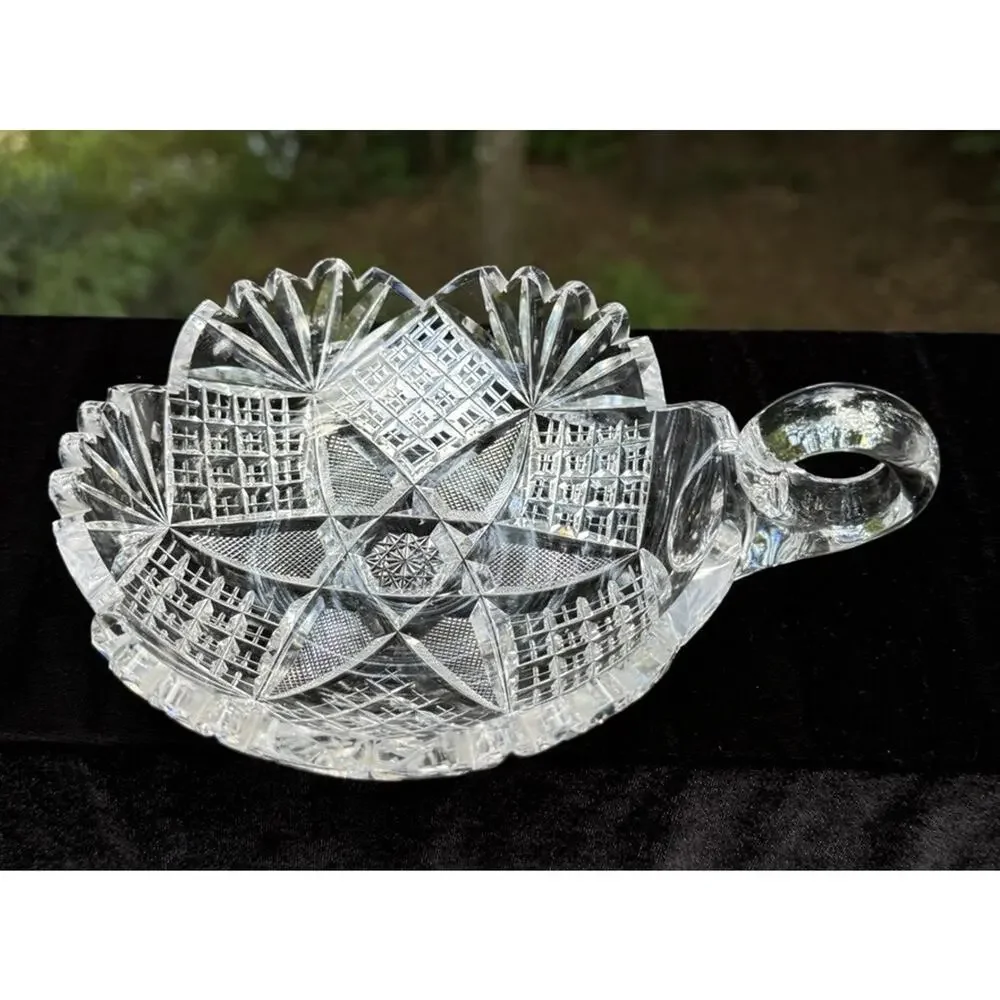 Antique American Brilliant Period ABP Cut Glass Nappy Handle Candy Dish -C13
